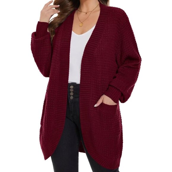 Plus Size Cardigan Waffle Knit Open Front Long Sleeve Fall Outerwear with Pocket